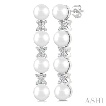 5 MM Cultured Pearl and 1/6 Ctw Round Cut Diamond Floral Fashion Earrings in 14K White Gold